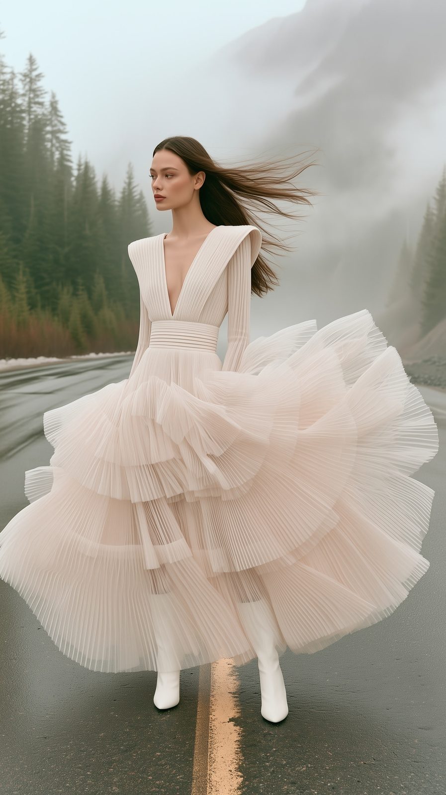 A woman in a pleated blush gown on a misty mountain road